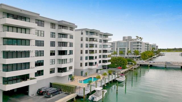 view of building exterior featuring a water view