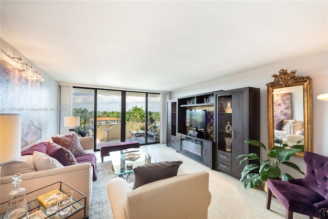 tiled living room featuring expansive windows