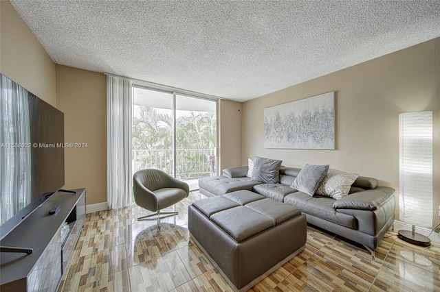 living room featuring a textured ceiling