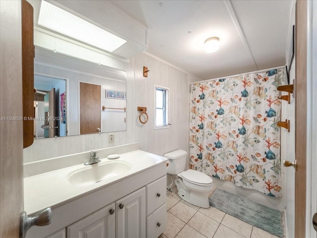 full bathroom with toilet, ornamental molding, shower / bath combo with shower curtain, tile flooring, and oversized vanity