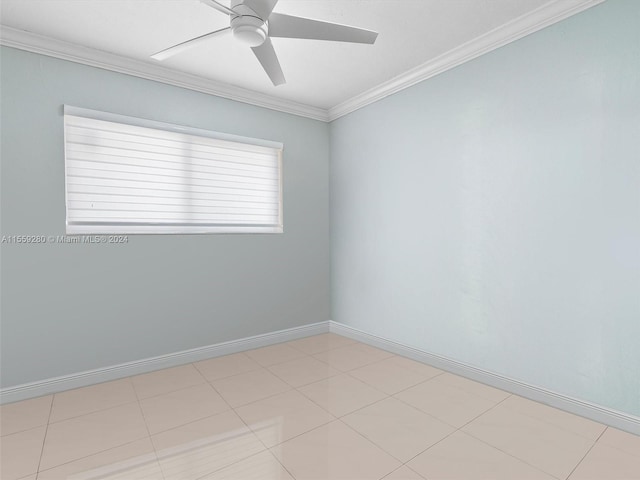 unfurnished room featuring crown molding, light tile flooring, and ceiling fan