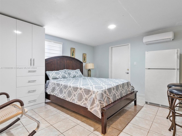 bedroom featuring white refrigerator, light tile floors, and an AC wall unit