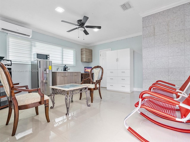 office area with ornamental molding, ceiling fan, light tile floors, and an AC wall unit