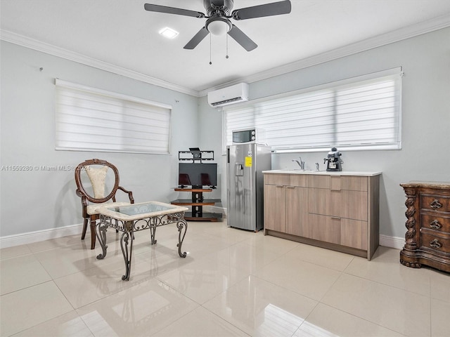 living area with a wall unit AC, crown molding, ceiling fan, and light tile floors