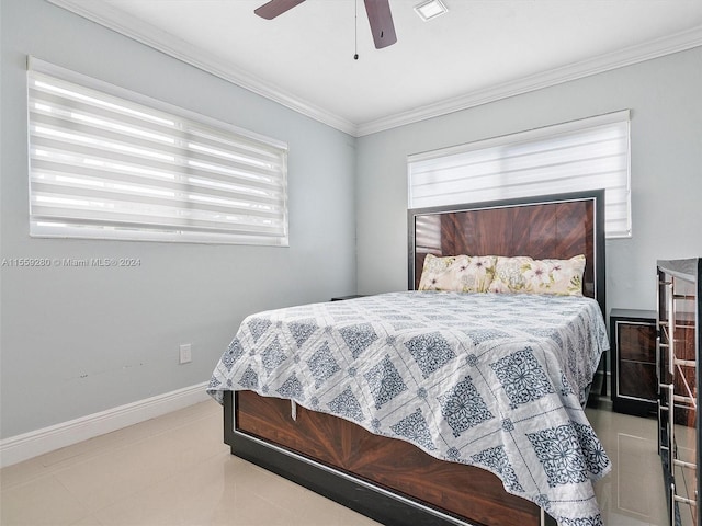 bedroom featuring ornamental molding, ceiling fan, and light tile floors