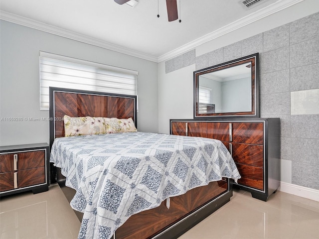 tiled bedroom featuring ornamental molding, ceiling fan, and tile walls