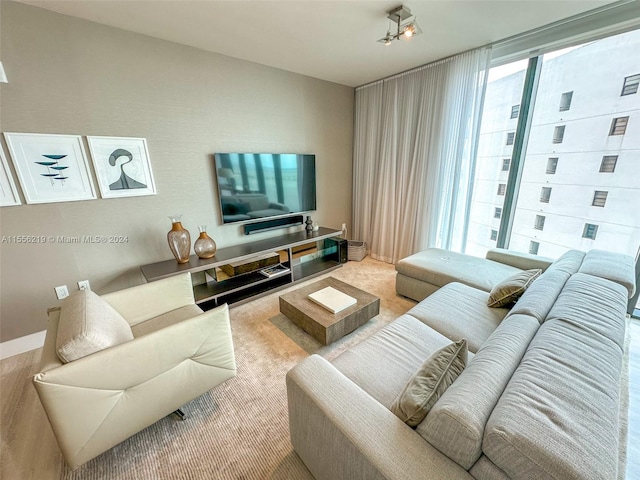 carpeted living room with a wall of windows