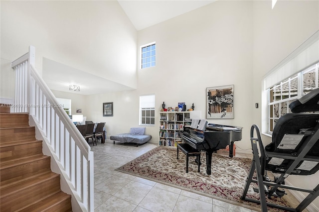 tiled living room with high vaulted ceiling