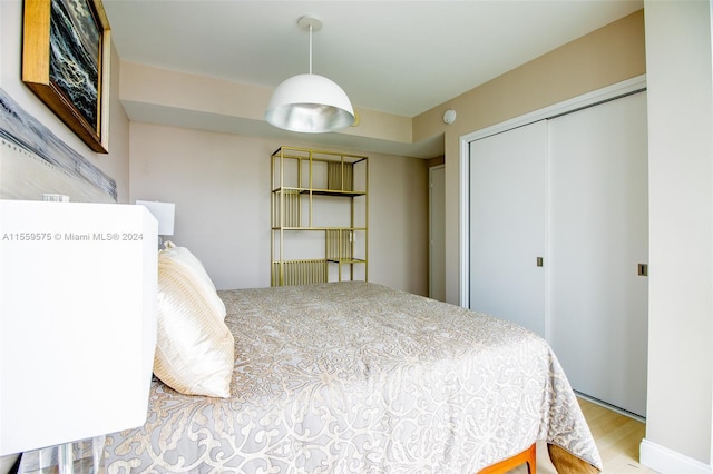 bedroom with light wood-type flooring and a closet