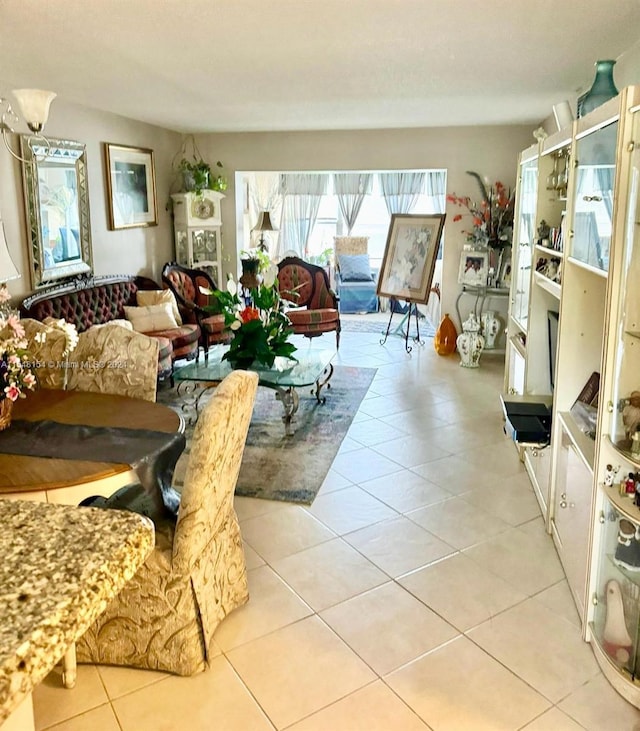 living room with light tile flooring