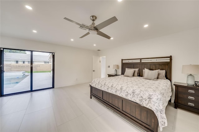 tiled bedroom featuring ceiling fan and access to outside