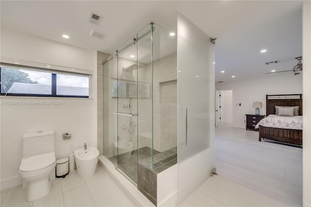 bathroom featuring an enclosed shower, tile floors, a bidet, and toilet