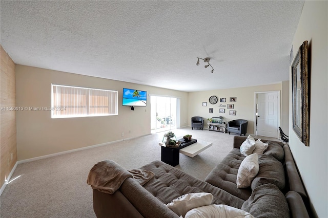 living room with a textured ceiling and carpet floors