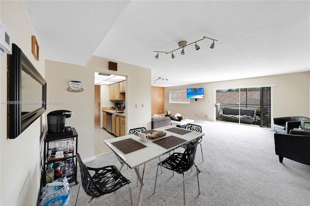 carpeted dining area with rail lighting and a textured ceiling