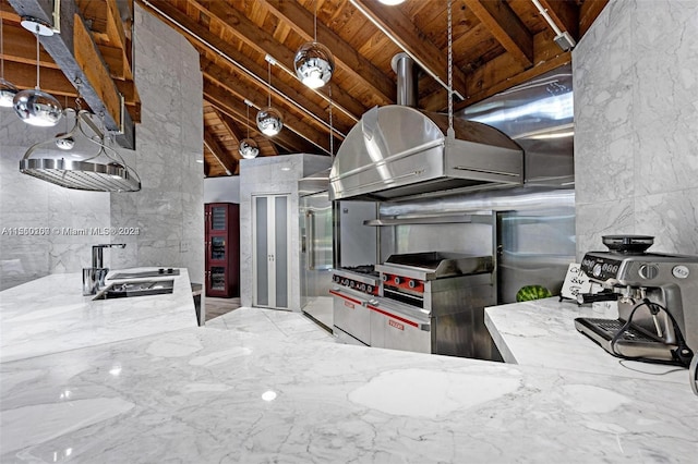 kitchen featuring high vaulted ceiling, light stone countertops, beamed ceiling, sink, and stainless steel built in fridge