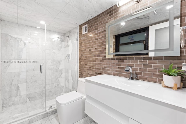 bathroom featuring vanity, tile walls, toilet, and an enclosed shower