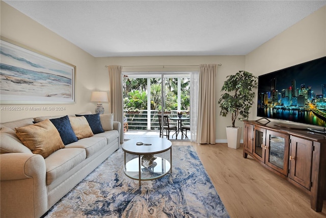 living room with a textured ceiling and light wood-type flooring