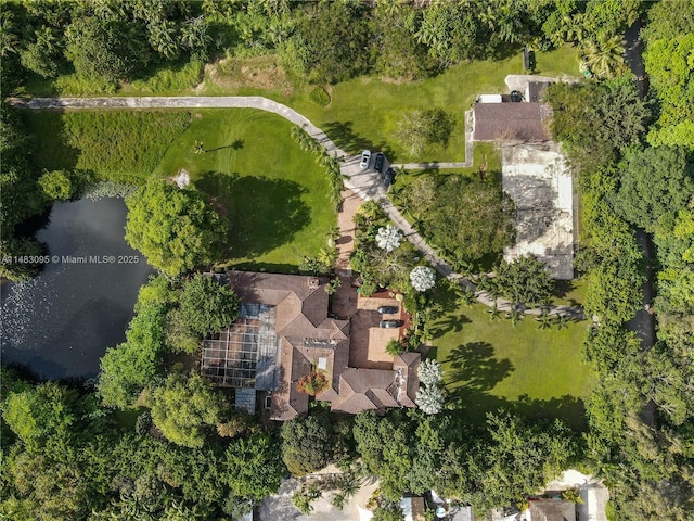 birds eye view of property featuring a water view