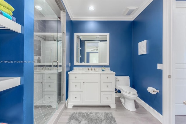 bathroom featuring an enclosed shower, toilet, ornamental molding, and vanity