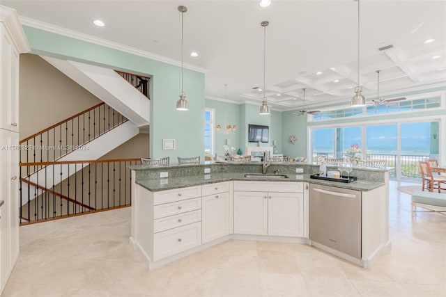 kitchen with coffered ceiling, dishwasher, hanging light fixtures, sink, and white cabinetry