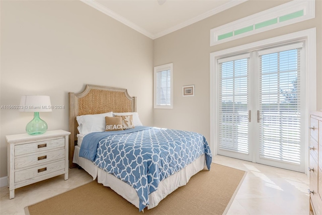 tiled bedroom with access to exterior and ornamental molding