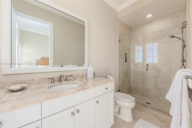 bathroom with toilet, an enclosed shower, tile patterned flooring, ornamental molding, and vanity