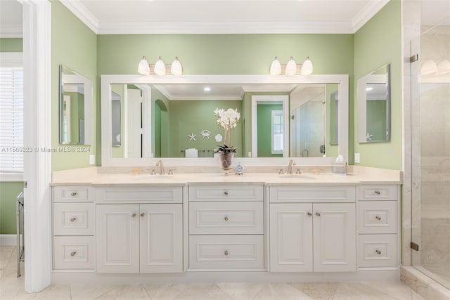 bathroom with crown molding, vanity, and an enclosed shower