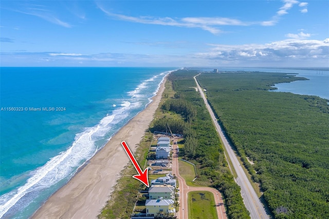 bird's eye view featuring a water view and a view of the beach