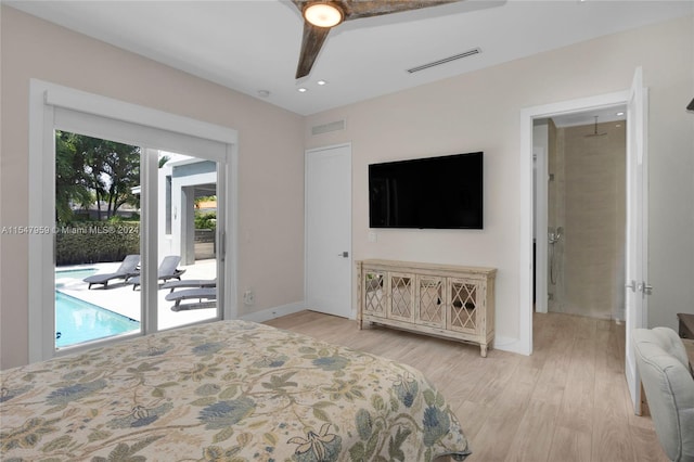 bedroom featuring access to exterior, multiple windows, ceiling fan, and light wood-type flooring