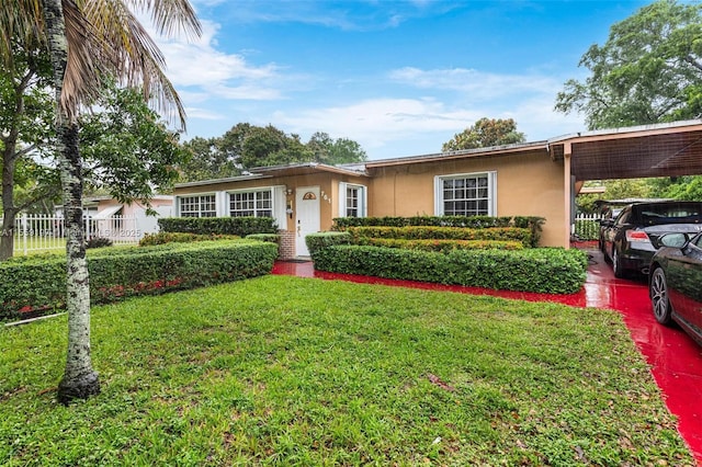 ranch-style home with stucco siding, fence, a carport, and a front yard