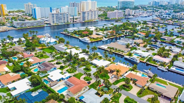 drone / aerial view with a water view