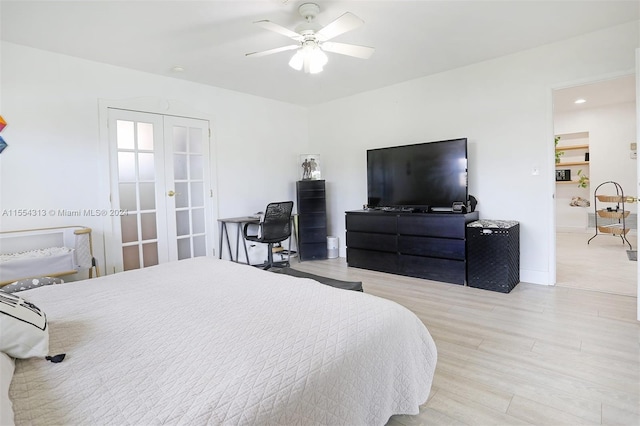 bedroom featuring french doors, light hardwood / wood-style flooring, and ceiling fan