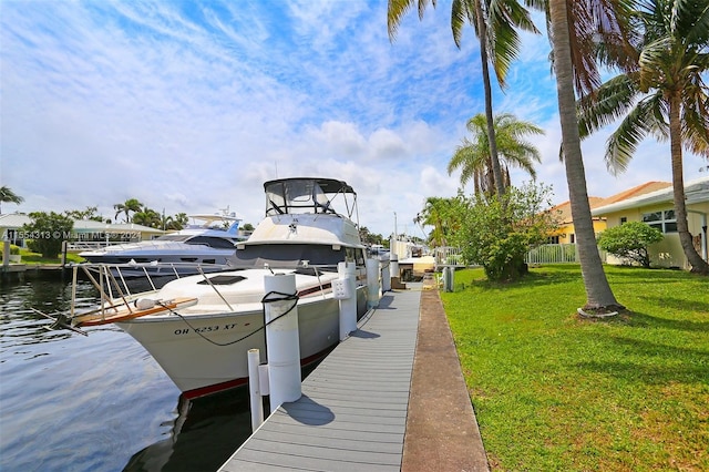 dock area featuring a yard and a water view