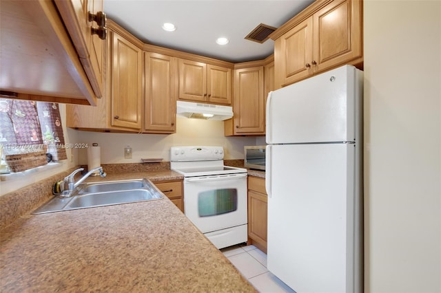 kitchen with light tile patterned flooring, white appliances, and sink