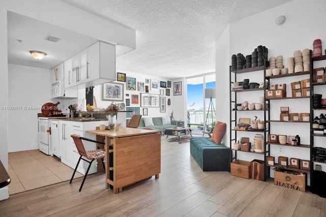 interior space featuring floor to ceiling windows, light hardwood / wood-style flooring, and a textured ceiling