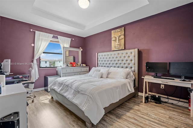 bedroom with a raised ceiling and light hardwood / wood-style flooring