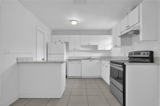 kitchen with light tile floors, white appliances, white cabinetry, and sink