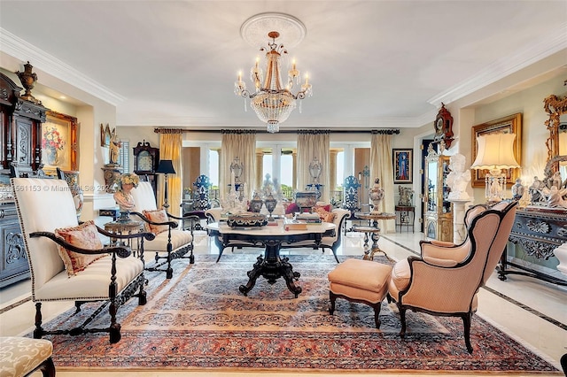 interior space featuring a chandelier and ornamental molding