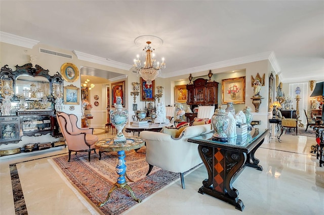 tiled living room featuring a chandelier and crown molding