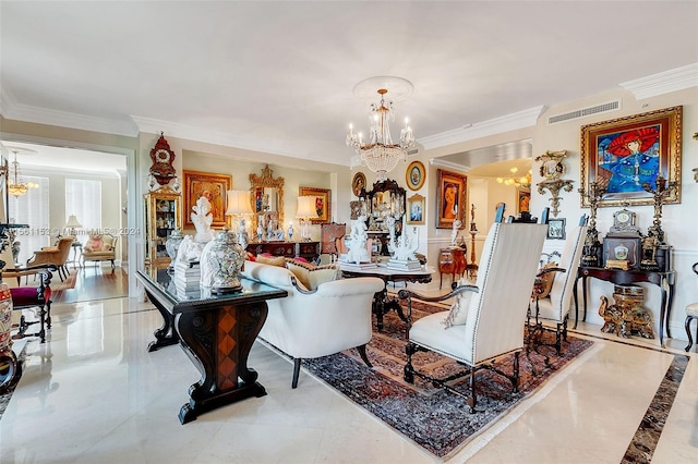 living room featuring ornamental molding, a notable chandelier, and light tile floors