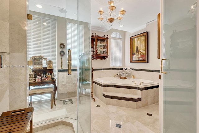 bathroom featuring a chandelier, tile flooring, plus walk in shower, and crown molding