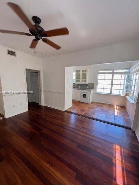 unfurnished living room with wood-type flooring and ceiling fan