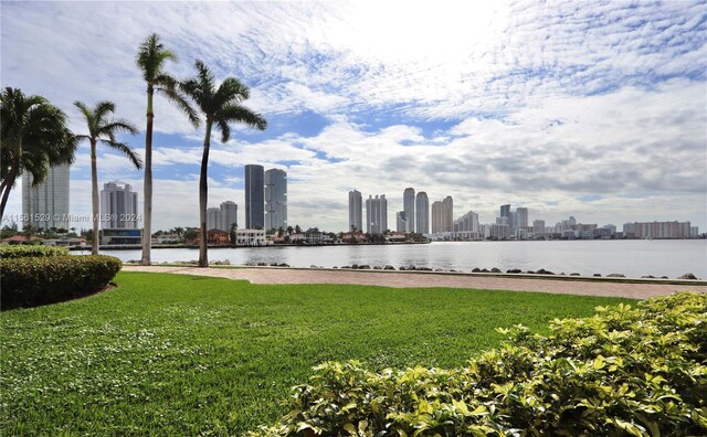 view of community featuring a water view and a lawn