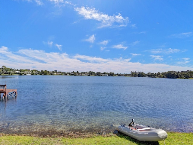 view of water feature with a dock