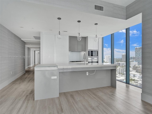 kitchen with a large island with sink, oven, hanging light fixtures, expansive windows, and built in microwave