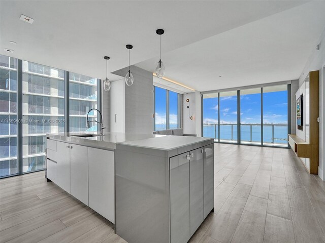 bedroom with a water view, expansive windows, access to exterior, and light hardwood / wood-style floors