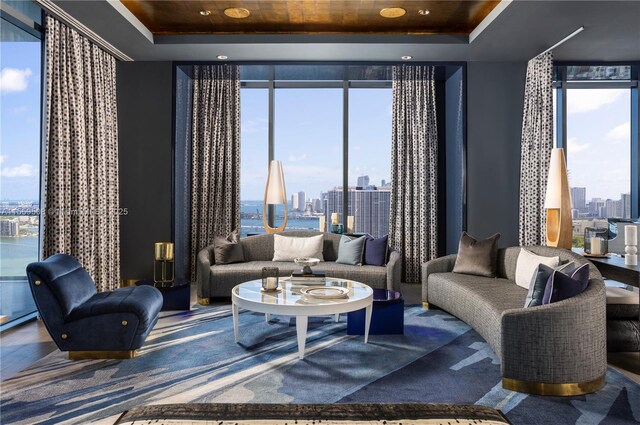 living room featuring floor to ceiling windows, a wealth of natural light, and a tray ceiling