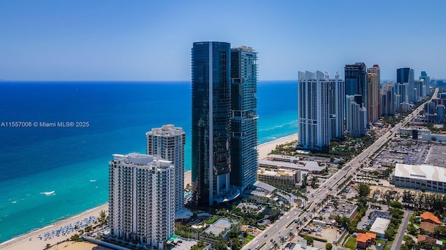 bird's eye view featuring a water view and a beach view