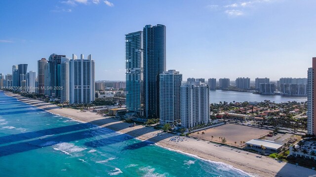 aerial view with a water view and a beach view