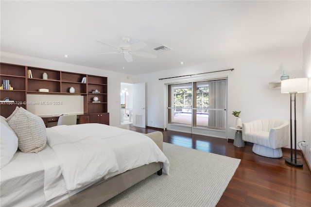 bedroom with dark hardwood / wood-style flooring, access to outside, and ceiling fan